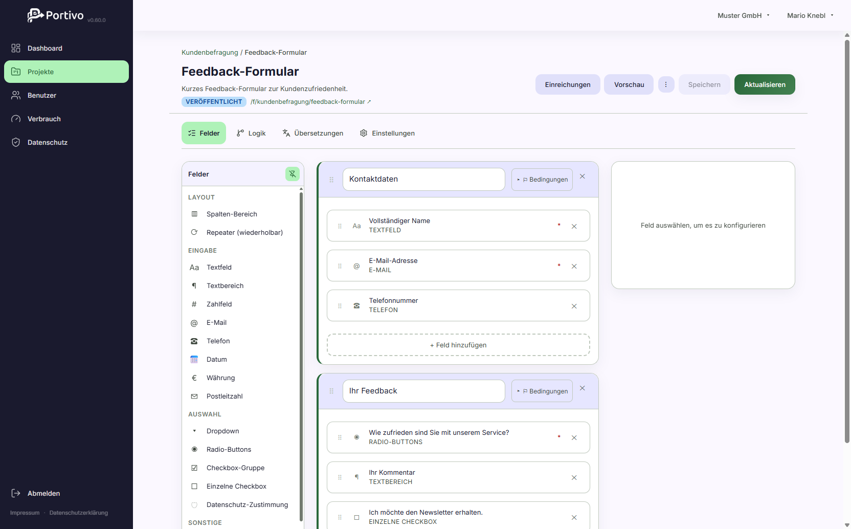 Der Formular-Editor von Portivo mit der Feldliste links und zwei Formularschritten daneben